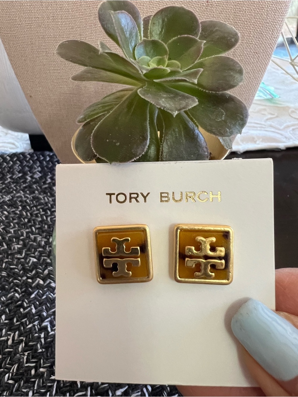 Tory Burch Gold-Tone Square Logo Stud Earrings